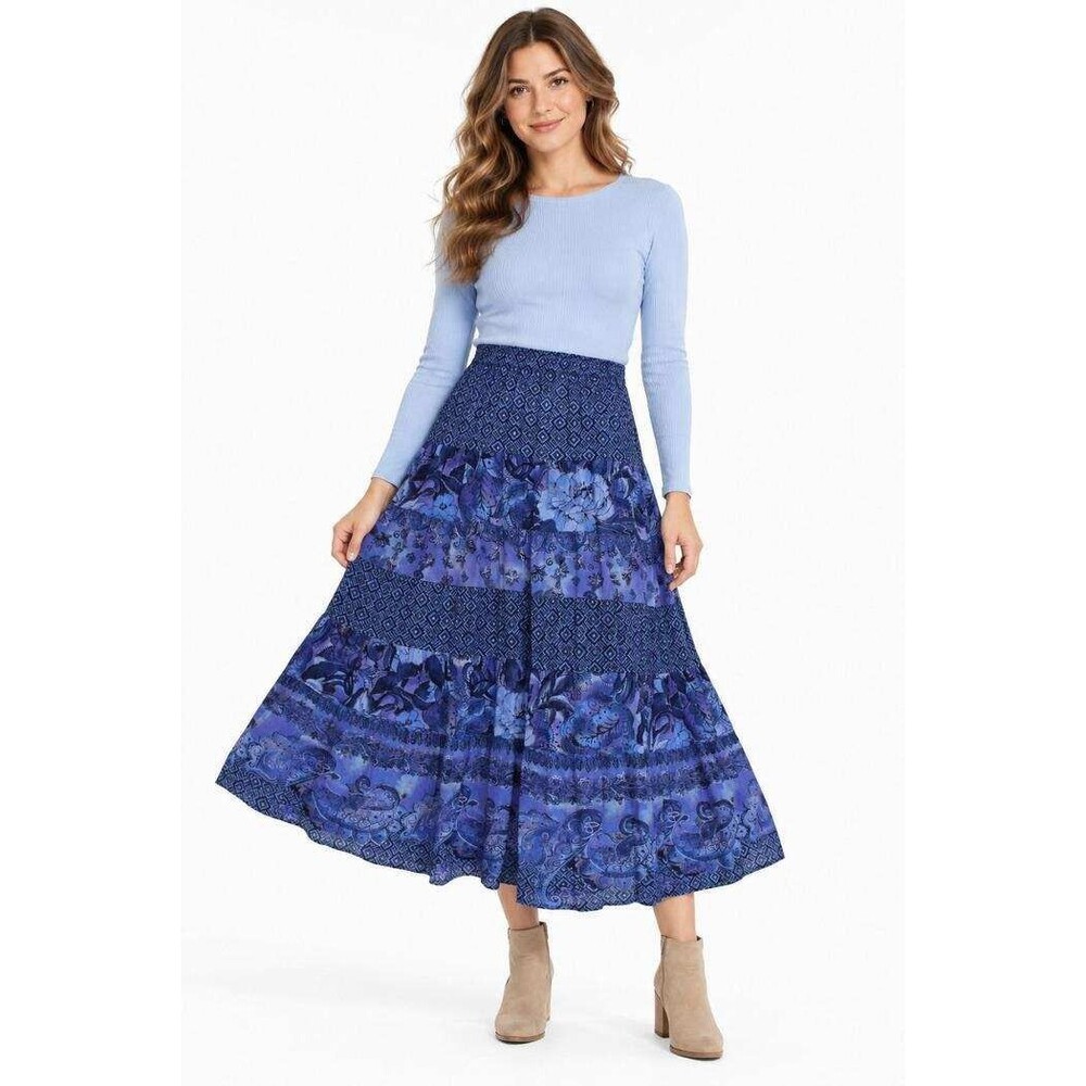 Carole Little M 10 Petite Blue Multiprint 4 Tiered Elastic Waist Gypsy Skirt VTG